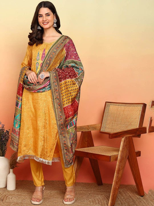 Floral Woven Design Round Neck Tissue Straight Kurta
