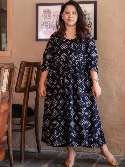 inkara Geometric Printed Cotton Anarkali Ethnic Dress