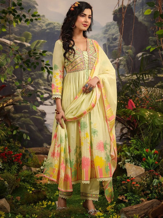 AARAAS Floral Printed V-Neck Pure Cotton Anarkali Kurta With Palazzos & Dupatta