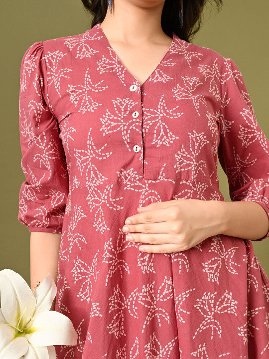 DECKEDUP Floral Print A-Line Midi Dress