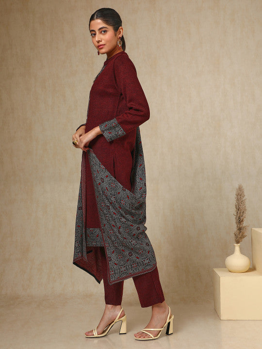 Floral Woven Design Acrylic Straight Kurta With Trouser & Dupatta