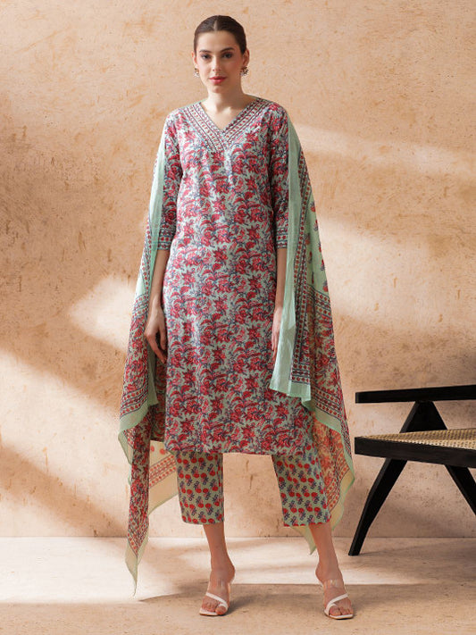 STYLEBAAZI Embroidered V-Neck Sequinned Pure Cotton Straight Kurta With Trouser & Dupatta