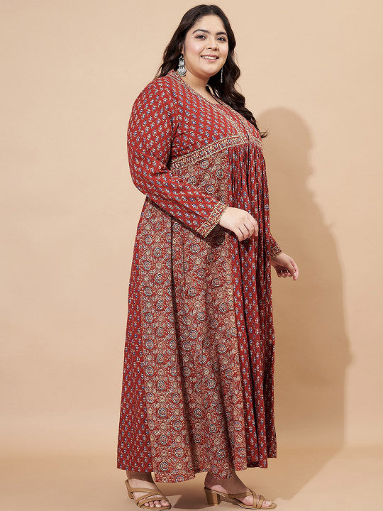 Vbuyz Plus Floral Printed Square Neck Cotton Maxi Ethinic Dress