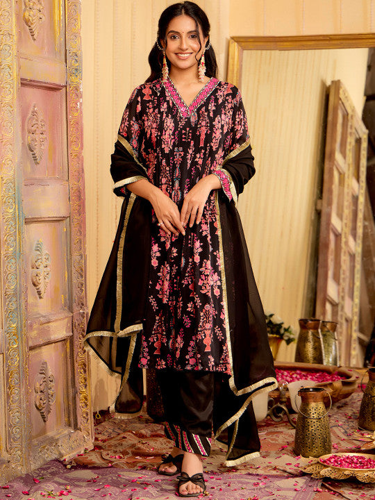 Jaipur Kurti Floral Printed V-Neck A-Line Kurta With Trousers And Dupatta