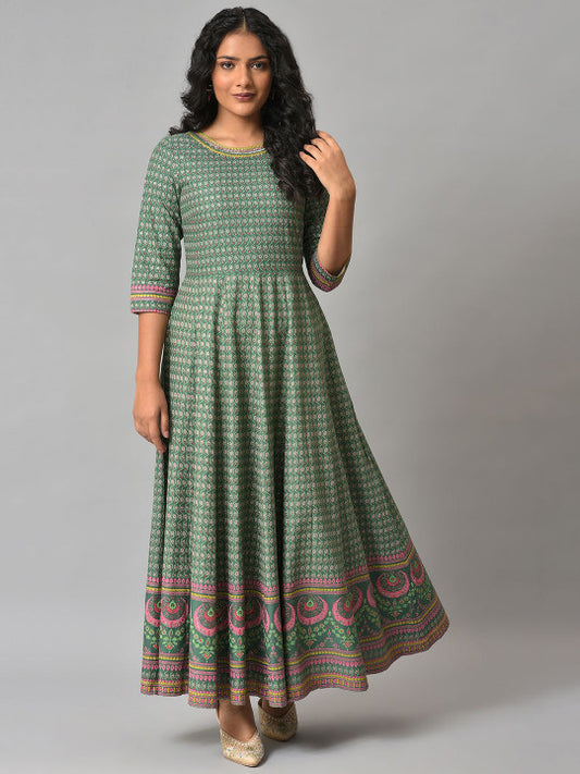 W Women Checked Maxi Fit and Flare Ethnic Dresses