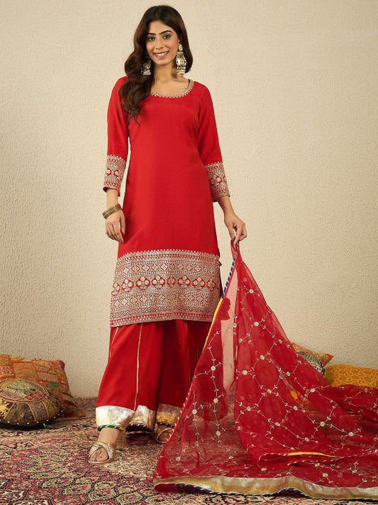 Inddus Women Ethnic Motifs Embroidered Kurta with Palazzo & Dupatta