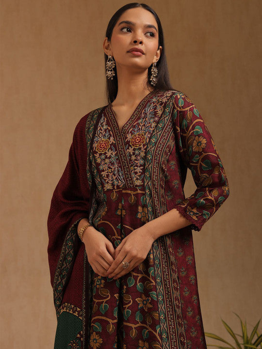 Floral Printed V-Neck Thread Work Kurta With Palazzos & Dupatta