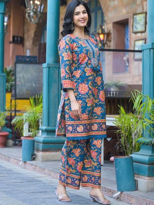 AUTUMN LANE Floral Printed Pure Cotton Mirror Work Notch-Neck Tunic & Trouser
