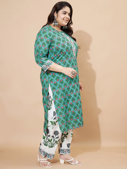 Vbuyz Green Floral Printed Round Neck Regular Straight Kurta With Trouser With Dupatta