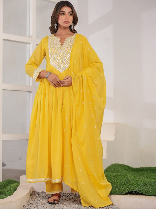 CHETI Geometric Yoke Design Pleated Mirror Work Anarkali Kurta With Trousers & Dupatta