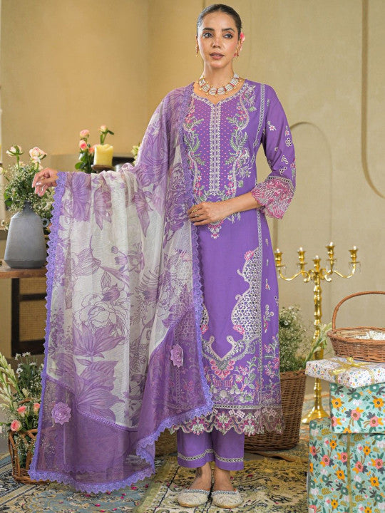 AUTUMN LANE Women Floral Embroidered Cotton Kurta with Trousers & Dupatta