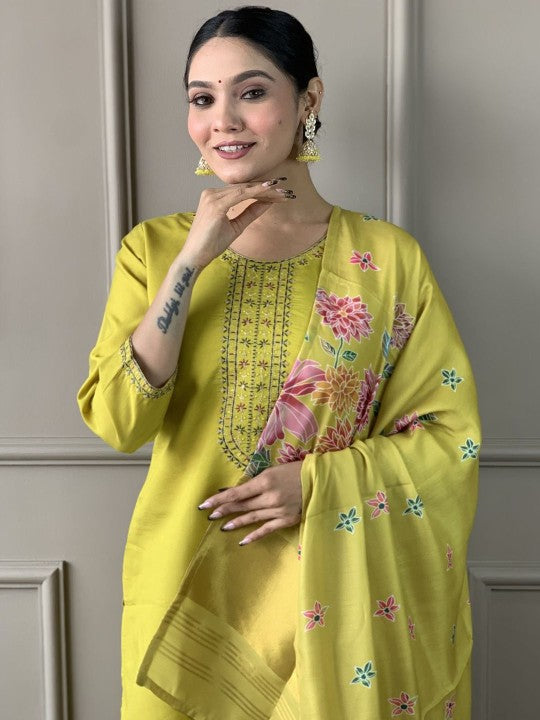 Floral Yoke Design Thread Work Round Neck Straight Kurta With Trousers & Dupatta