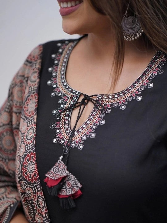 ASCIIBLUES Paisley Embroidered Mirror Work Tie-Up Neck A-Line Kurta With Palazzo & Dupatta