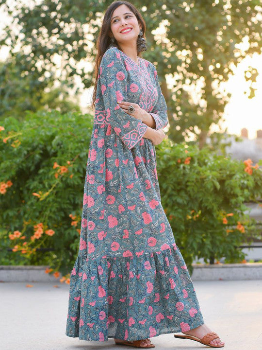 GULABI DORI Floral Printed Cotton Maxi Ethnic Dress