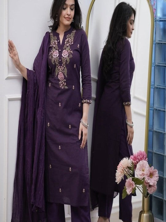 ASCIIBLUES Women Ethnic Motifs Embroidered Regular Kurta with Trousers & With Dupatta