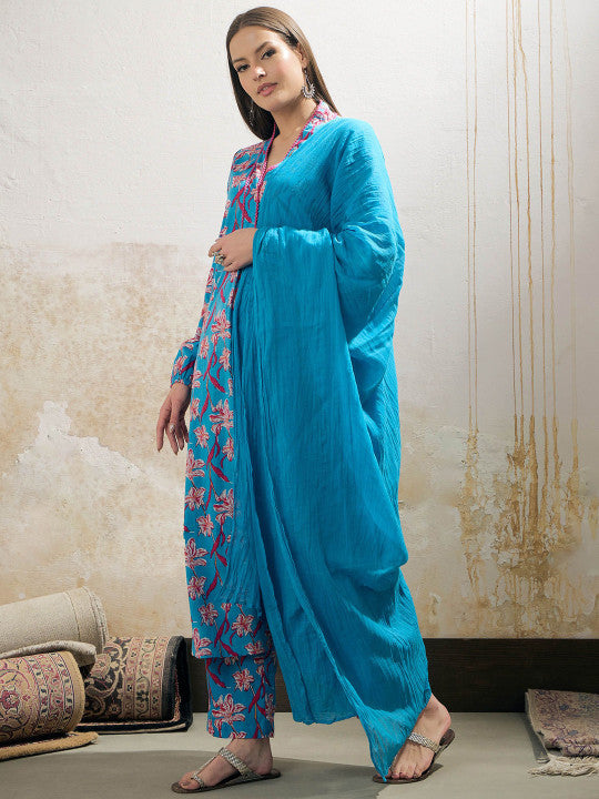 Floral Printed Pure Cotton A-Line Kurta With Palazzos And Dupatta