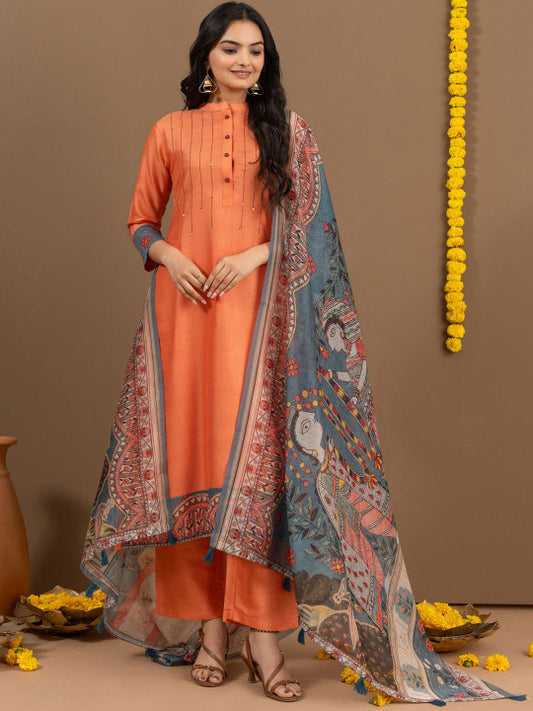 Ekana Women Regular Beads and Stones Kurta with Trousers & With Dupatta