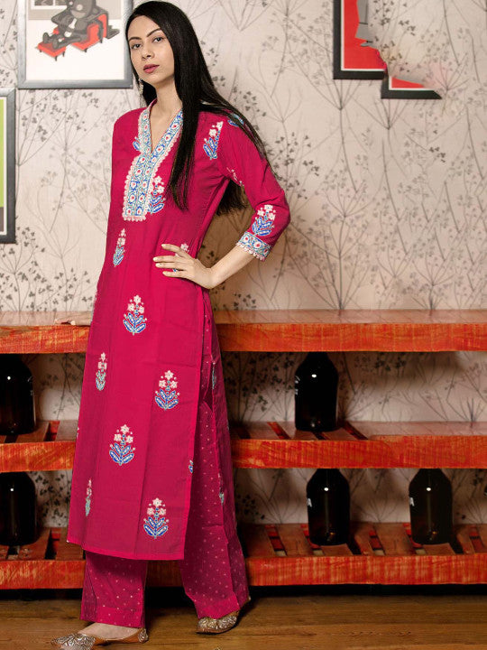 GoSriKi Women Floral Printed Mandarin Collar Kurta With Palazzos & Dupatta