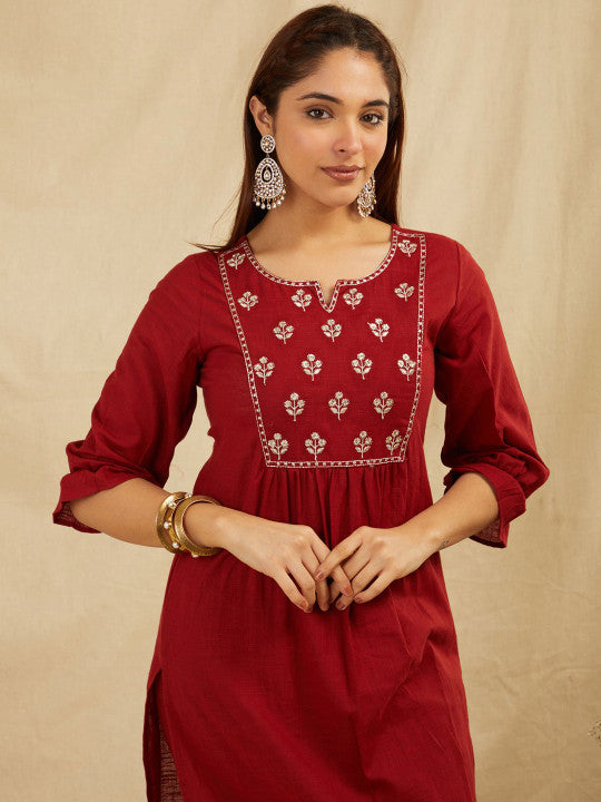 Bada Boota Floral Yoke Design Sequinned Pure Cotton A-Line Kurta With Trousers & Dupatta