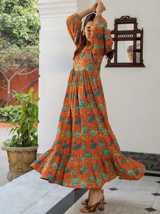Floral Printed Pure Cotton Gathered Ethnic Dress