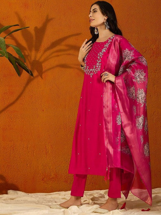Floral Yoke Design Round Neck Beads And Stones Kurta With Trousers & Dupatta