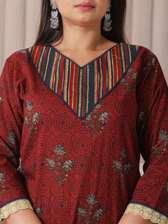 Yufta Plus Size Floral Printed Pure Cotton Straight Kurta With Trousers & Dupatta