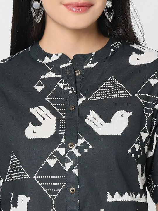 Printed Pure Cotton Mandarin Collar Top & TrousersCo-OrdsSet