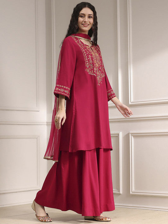 Biba Ethnic Motifs Yoke Design Notch Neck Straight Kurta With Sharara & Dupatta