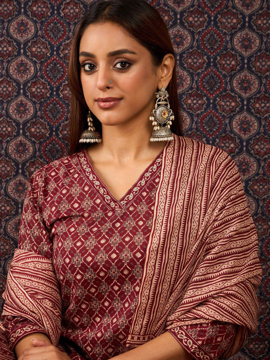 Indo Era Ethnic Motifs Printed Sequinned Pure Cotton Kurta With Trousers & Dupatta