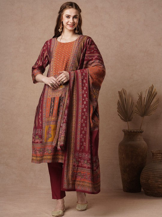 FASHOR Women Ethnic Motifs Printed Regular Beads and Stones Kurta