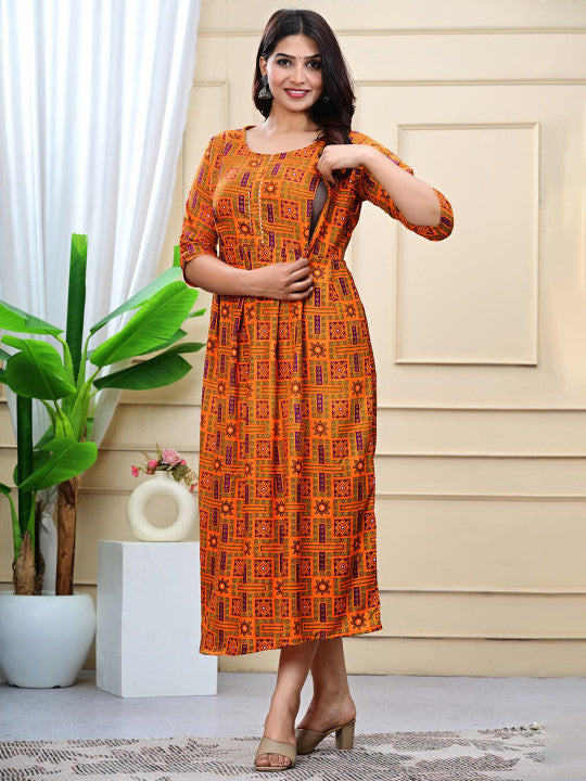 WE PERFECT Printed Cotton Round Neck Maternity Ethnic Dress