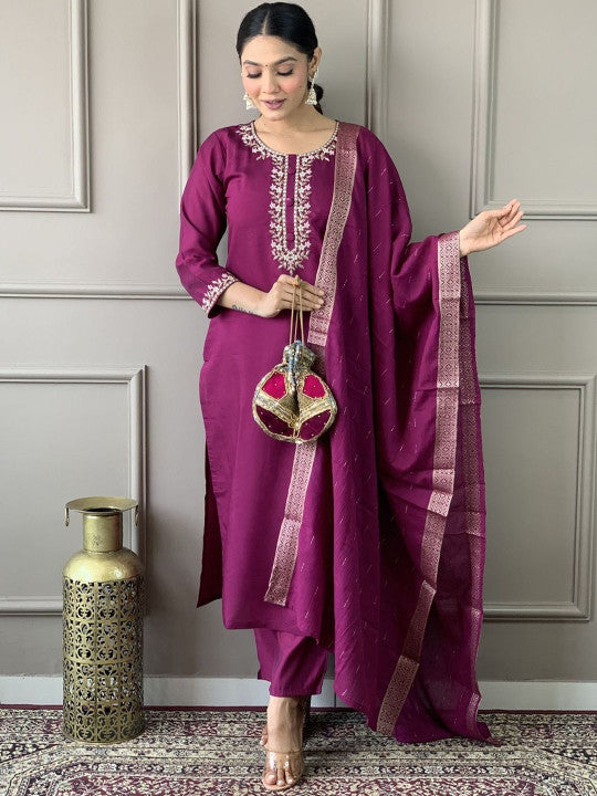 ASCIIBLUES Women Ethnic Motifs Embroidered Thread Work Kurta with Trousers & With Dupatta