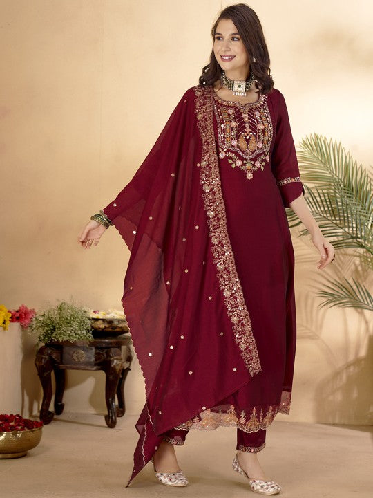 Anouk Maroon Ethnic Motifs Embroidered Sequinned Anarkali Kurta