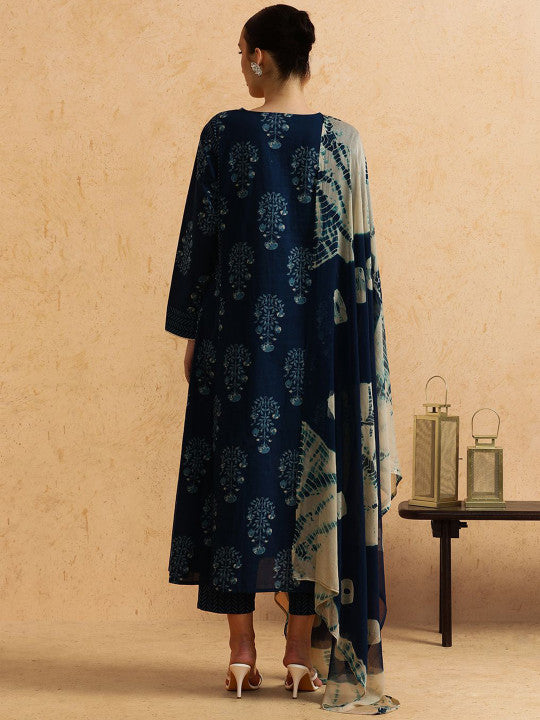 STYLEBAAZI Floral Printed Panelled Pure Cotton A-Line Kurta With Trousers And Dupatta