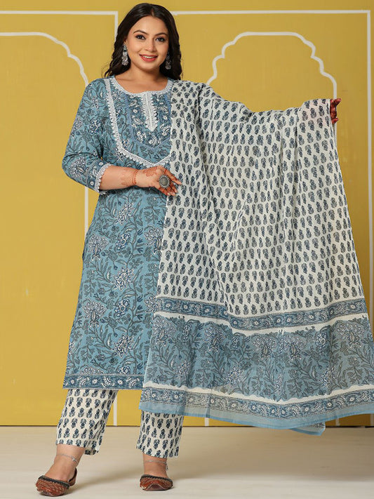 Yufta Plus Size Floral Printed Sequinned Pure Cotton Kurta With Trouser And Dupatta