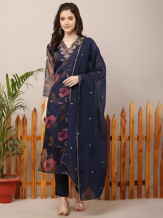 Amodra Floral Printed Beads and Stones Organza Kurta