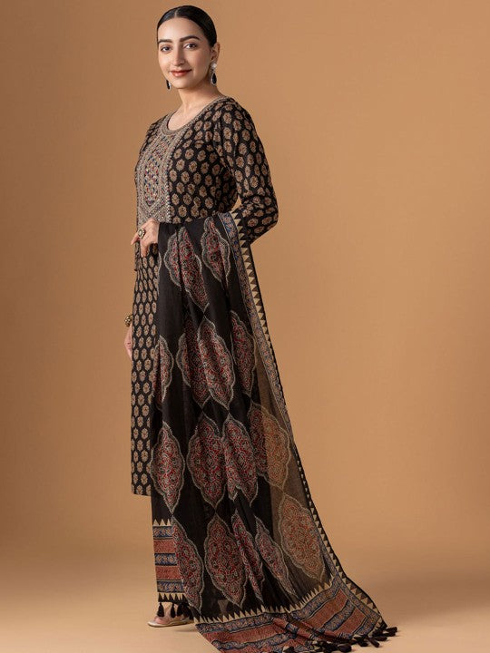 WOMEN PLUS Floral Printed Sequinned Pure Cotton Kurta With Trousers & Dupatta
