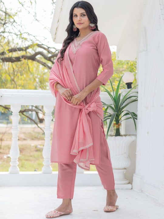 HERE&NOW Women Solid Kurta with Trouser & Dupatta