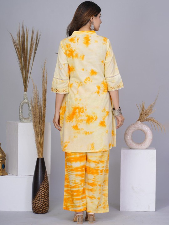 AUTUMN LANE Tie And Dyed V-Neck Pure Cotton Tunic With Trousers
