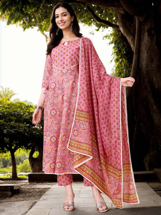 Anouk Floral Printed Keyhole Neck Pure Cotton A-Line Kurta With Trousers & Dupatta