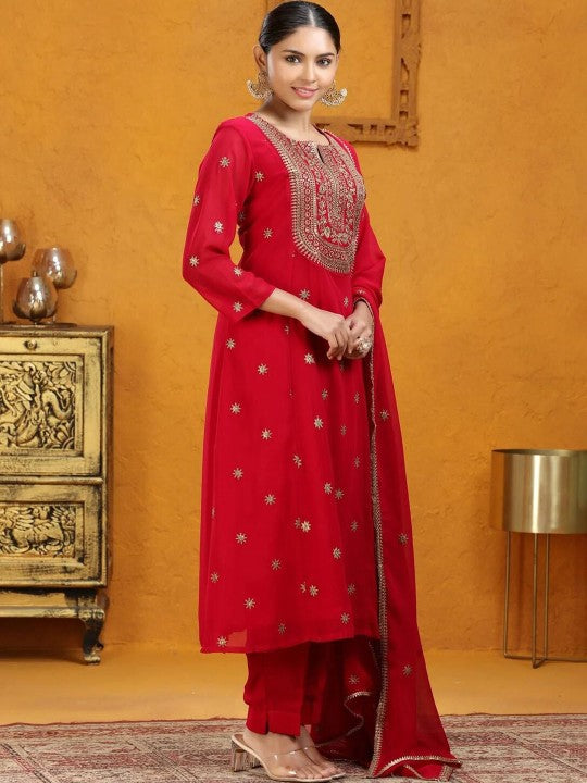 COTTON CULTURE Embroidered Straight Silk Georgette Kurta