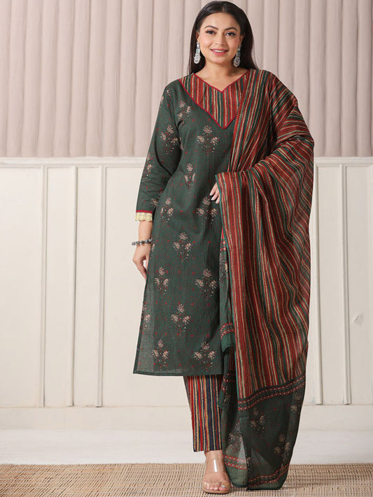 Yufta Plus Size Floral Printed V-Neck Pure Cotton Straight Kurta With Trousers And Dupatta