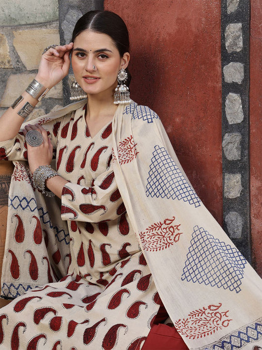 Taavi Paisley Printed Pure Cotton Bagru Kurta With Trouser & Dupatta