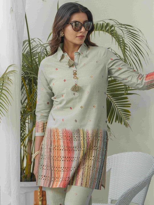 Printed Pure Cotton Schiffli Shirt Collar Tunic With Trousers