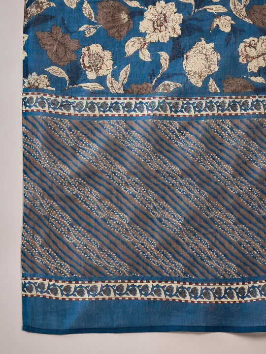 Floral Printed Sequinned V-Neck Pure Cotton Straight Kurta & Trouser With Dupatta