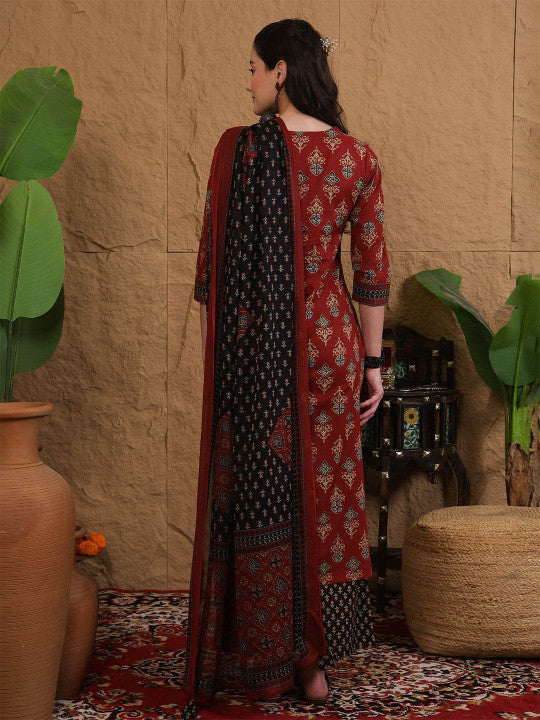 Printed Pure Cotton Round Neck Straight Kurta & Palazzo With Dupatta