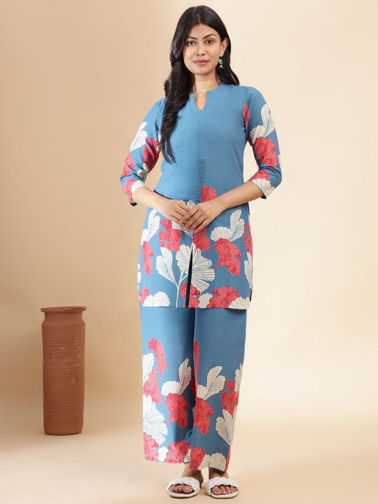 GULMEHAK Floral Printed Mandarin Collar Pure Cotton Tunic & Palazzo