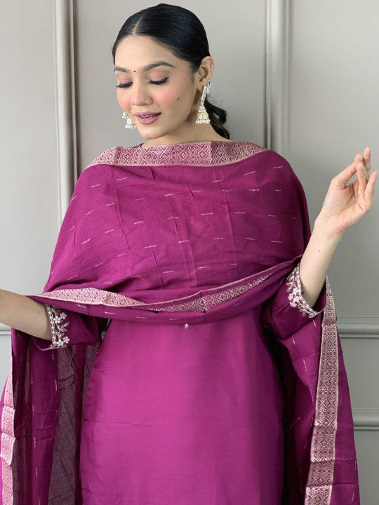 ASCIIBLUES Women Ethnic Motifs Embroidered Thread Work Kurta with Trousers & With Dupatta