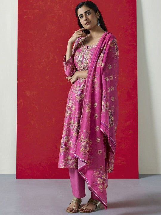 Heritage Floral Printed Round Neck Zari Pure Cotton Straight Kurta & Trouser With Dupatta
