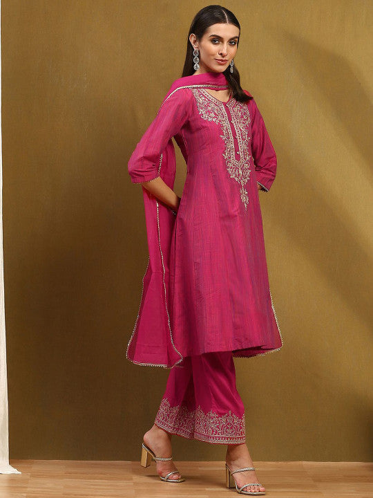 Biba Ethnic Motifs Embroidered Thread Work Pure Cotton Kurta With Trousers & Dupatta